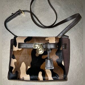 MICHAEL KORS MK Hamilton Traveler Calf Hair Brown Leather Bag Handbag EUC